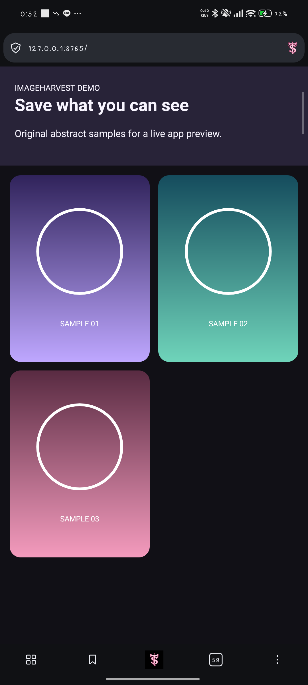 Real HarvestTS browser on Xiaomi 12 Pro showing original sample art